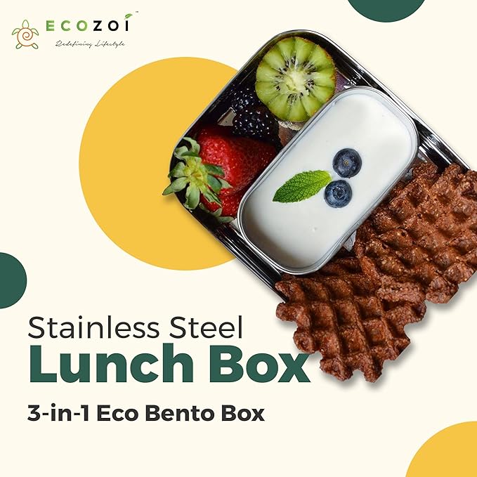 ecozoi Leak Proof Stainless Steel Lunch Box, 3-in-1 Eco Bento Box | Redesigned Silicone Seal + Bonus Lunch Pod | Sustainable Tiffin Eco Friendly Metal Bento Box Food Storage Containers