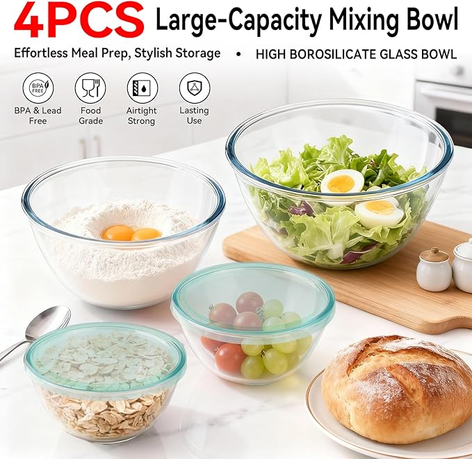 YUANYE 4 Pack Glass Mixing Bowls with Lids Set (3/1.7/0.9/0.6QT),Thick Glass Large Salad Bowl Set, Nesting Kitchen Bowls for Serving, Prepping, Cooking and Baking, Dishwasher, Oven,Microwave Safe