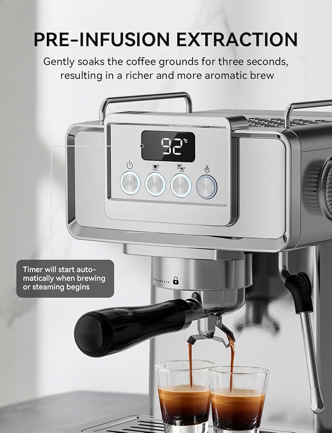 SUMSATY Espresso Machine 20 Bar, Stainless Steel Espresso Maker Professiona Coffee Maker with Power Steam & LED Display for Home Barista, Americano, Latte, Cappuccino Maker, 1.8L Water Tank