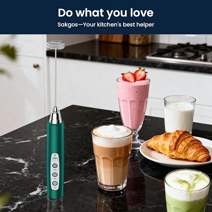 Sakgos Milk Frother Rechargeable Handheld-Electric Whisk 3 Speed Adjustable, Coffee Frother Wand with 3 Stainless Whisks, Electric Foam Maker, Drink Mixer Blender for Latte Cappuccino Matcha Egg