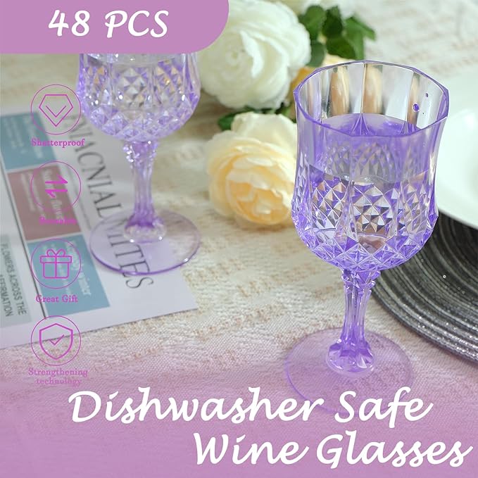 Plastic Wine Glasses, Plastic Goblets Vintage Style Cordial Unbreakable Drinking Glasses, Reusable Drinkware for Wedding Reception, Grand Event Party Supplies (48, Purple)