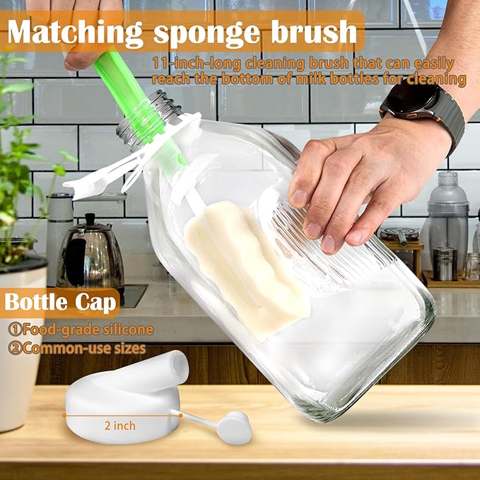 64 Oz Glass Milk Bottles with Nut Milk Bag & Pour Spout & Airtight Lids & Brush- 1/2 Gallon Heavy Duty Jug Pitcher Large Reusable Container for Milk, Juice, Water, Coffee for Refrigerator 1 Pack