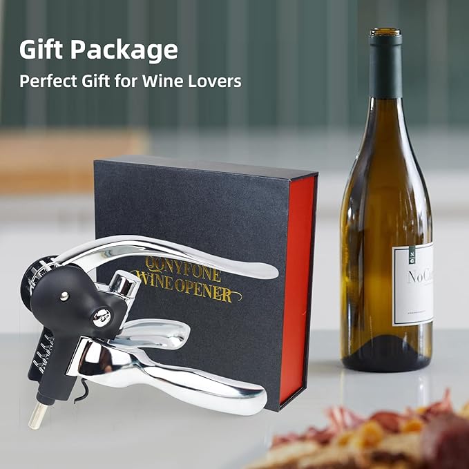 Wine Opener, Rabbit Corkscrew with Luxury Gift Box, Premium 5-Piece Set, Includes Wine Stopper, Foil Cutter, Wine Pourer, Quick and Easy Cork Extraction for Wine Lovers (Futura Silver)