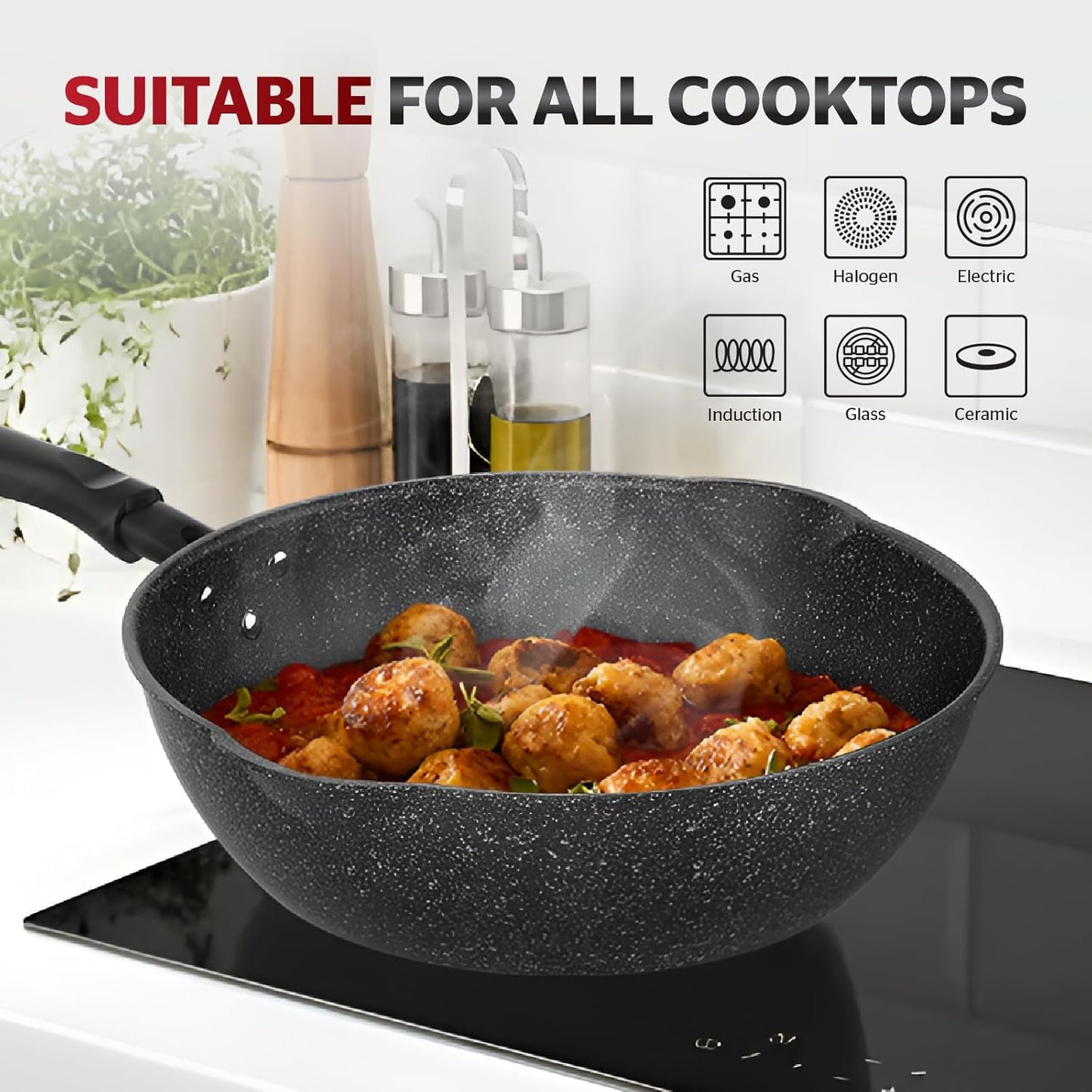 Sunhouse – 12 Inch / 30 cm Non-Stick Deep Frying Pan with Double Pour Spouts, 5-Layer Whitford Non-Stick Coating, PFOA-FREE, Stay-Cool Handle, Induction Compatible with All Cooktops