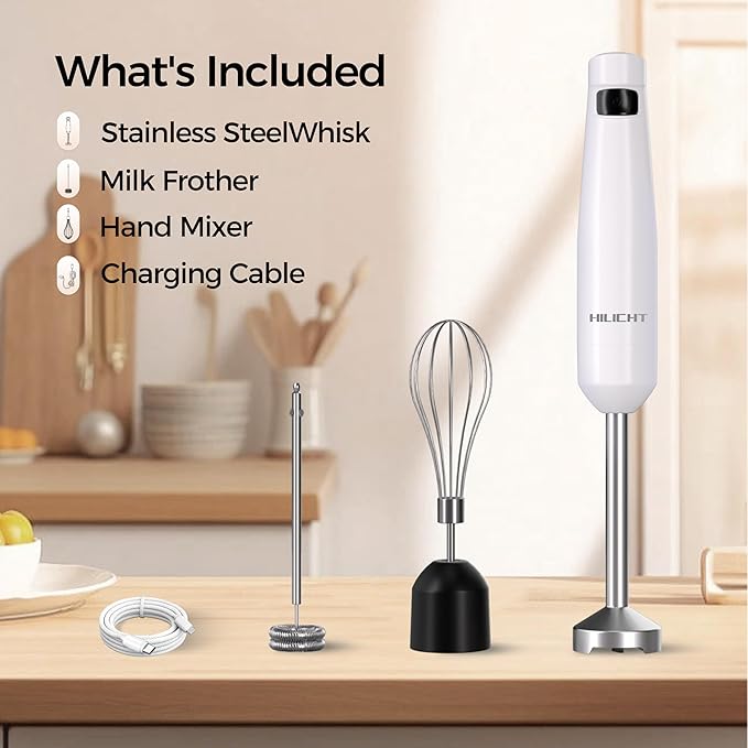 Cordless Hand Blender, 12V Rechargeable Immersion Blender with Brushless Motor, 60+ Bowls per Charge, 2-Blade, Auto Lock, Whisk & Frother for Soup, Smoothies, Baby Food