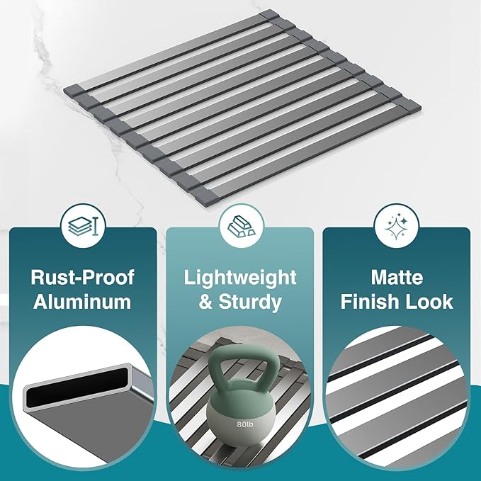 COOL-ANGLE Aluminum Roll Up Dish Drying Rack Over The Sink, 17.7" x 13.4" Rust-Proof Foldable Dish Drainer Mat, Heat Resistant Trivet & Kitchen Sink Cover, Fits Sinks up to 16.8" Wide, Matte Gray