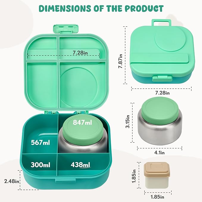 Bento Lunch Box with 12oz Soup Thermo,4 Compartments Lunch Box Containers, Spoon&Sauce Jar, BPA Free&Leak proof,Insulated Food Jar for Travel (Green)
