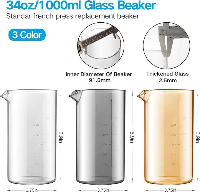Standard Universal Design 34 oz French Press Replacement Glass Beaker, Fits Most Brands French Press Coffee Makers (1Quart / 1000ml / 5-6 Cup) Coffee Press Borosilicate Glass Water Bottle (Grey)