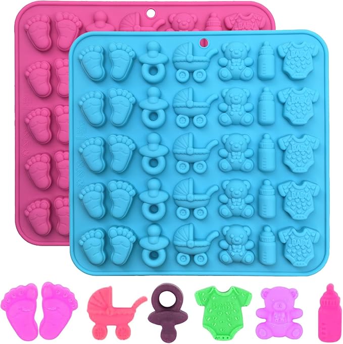2 Pack Silicone Chocolate Molds - Feet, Onesie Bottle Pacifier Carriage Bear Mold, Silicone Mold for Candy Gummy Cake Cupcake Decoration Chocolate