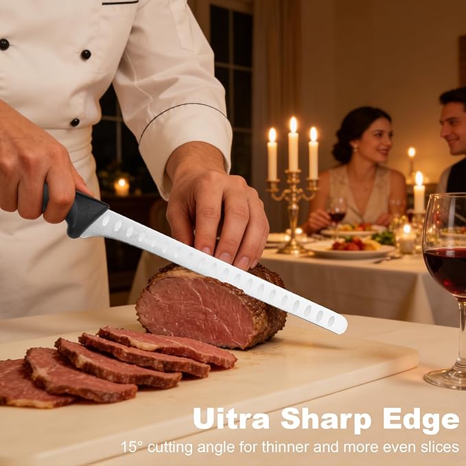 Carving Knife for Meat & 10-inch Sharpener Set - Brisket Slicing Knives with Razor Sharp High Carbon Stainless Steel Blade, Ergonomic Handle - Premium Turkey Carving Knife
