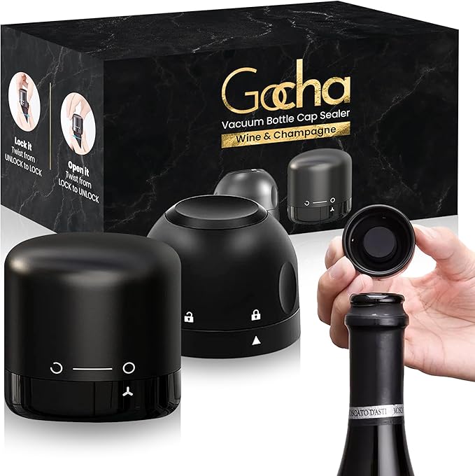 GOCHA | Champagne Stoppers With Vacuum Built-in | 1.5 inch Silicone Twist Top Wine Stopper | Reusable, Leak Proof (1 Wine + 1 Champagne Cork Stopper) | (Pack of 2)