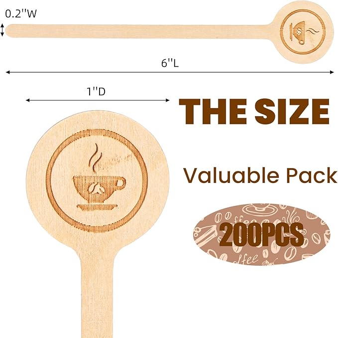 WRINGKIT 200 Pieces Wood Coffee Stirrers, 6 Inch Stir Sticks with Round Ends, Disposable Coffee Mixer Stick Drink Stirrers for Coffee Bar, Beverage, Milk, Cocktail, Tea