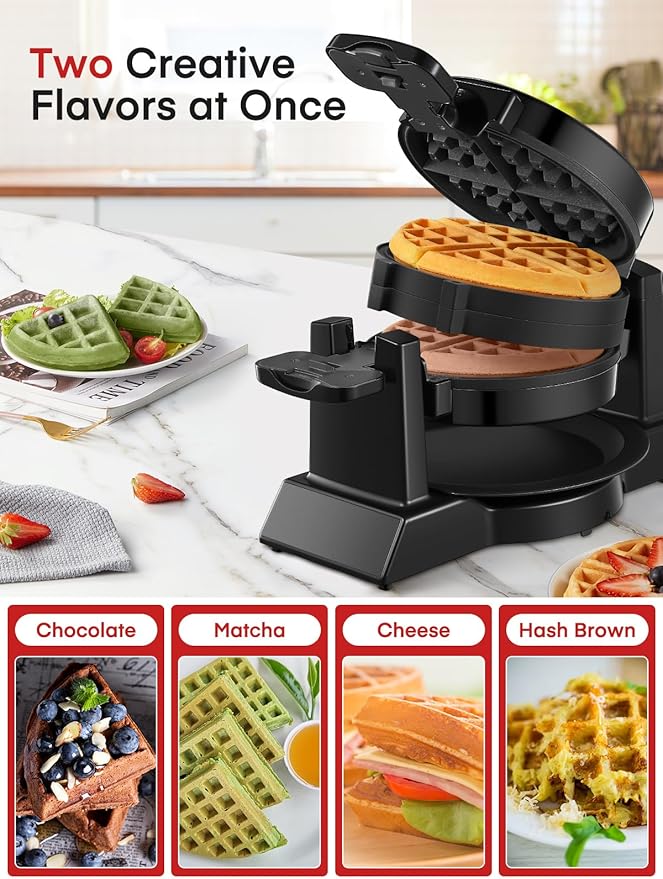 Waffle Maker, 1400W Double Belgian Waffle Iron 180° Flip, 8 Slices in 3 Mins, Rotating & Nonstick Plates, Anti-Scald, Removable Drip Tray Easy to Clean, Cool Touch Handle, Space-Saving Storage(Black)