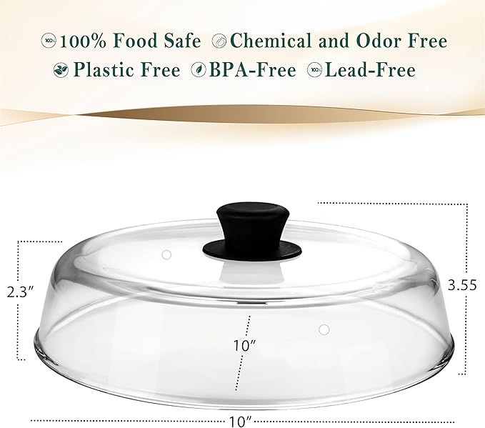 Le'raze 10inch Glass Microwave Splatter Cover for Food - 100% Food Grade BPA & Lead Free - Dishwasher Safe - Cookware & Bakeware Serving Dish Plate Mess Guard Lid with Easy Grip Silicone Handle Knob