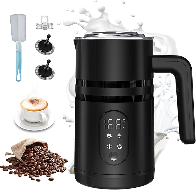 4 in 1 Electric Milk Frother Automatic Hot & Cold Foam Maker Auto Shut-Off Durable Stainless Steel Milk Frother Enjoy Perfect Milk Froth in 2 Min for Macchiato (Black-With Digital Display)