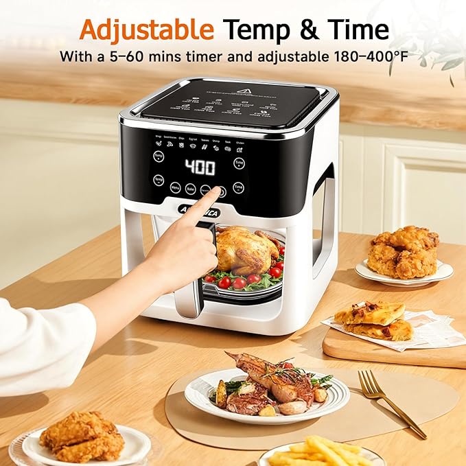 Glass Air Fryer, Portable Air Fryer with 6.0QT Glass Container, Adjustable Temp & Time, Overheat & Power-Off Protection, 8-in-1 Non Toxic AirFryer for Quick Easy Meals