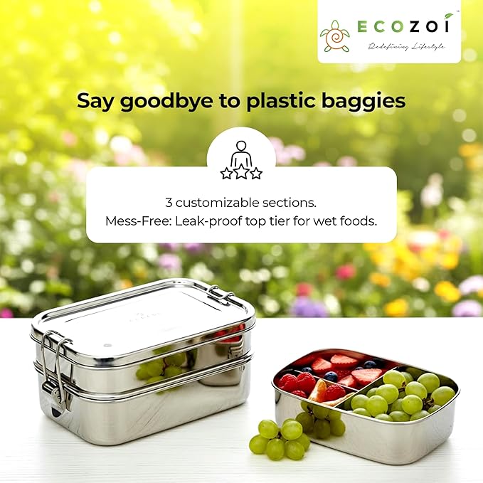 ecozoi Stainless Steel Lunch Box – 2 Tier Bento Box with Bonus Pod & 3 Compartments – Leak Proof Stainless Steel Lunch Box – Plastic Free, Eco Friendly, Dishwasher Safe, 60 oz