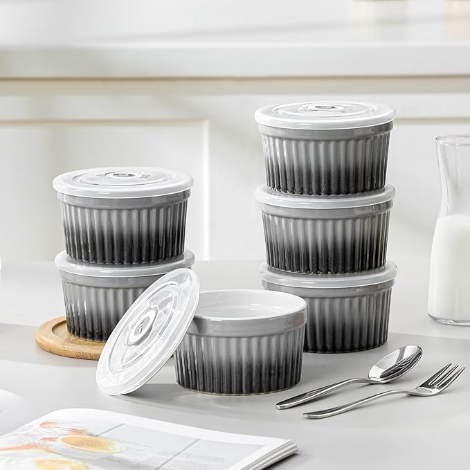 vancasso 8 oz Ramekins with Lid, Porcelain Creme Brulee Souffle Dishes, Grey Pudding Custard Cups Ramiken for Baking, Dishwasher and Oven Safe, Set of 6