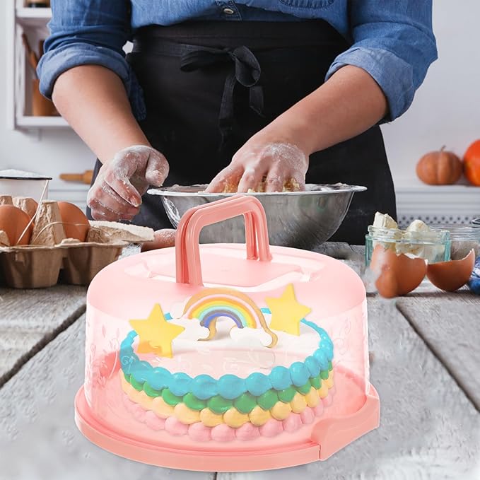 Amosfun 9.84 Inch Portable Cake Carrier with Handle Buckle Seal Round Cake Box Container Lightweight Cupcake Holder Tray for Dessert Transport