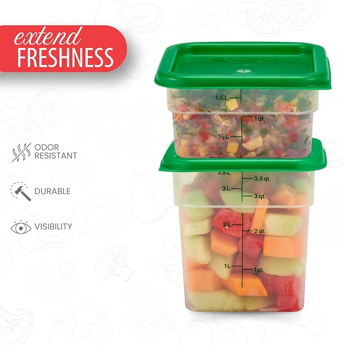 Cambro Food Storage Container with Lid (Microwave Safe and BPA-Free) - 2 Pack - Classic Series Square with Green Lid - 2 and 4 QT (Quart) - Commercial Grade for Food Prep (Translucent)