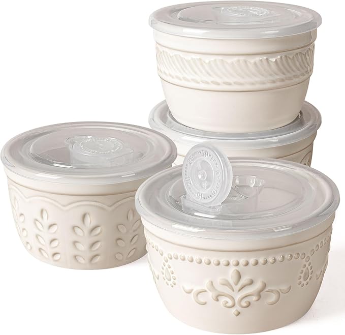 Artena Ramekins with Lids, Creme Brulee Ramekins Oven Safe, Ceramic Pudding Cups, Souffle Cups, Custard Cups, Dipping Sauce Cups, Food Storage Containers with Lids, Set of 4 (Multiple Patterns, 8 oz)