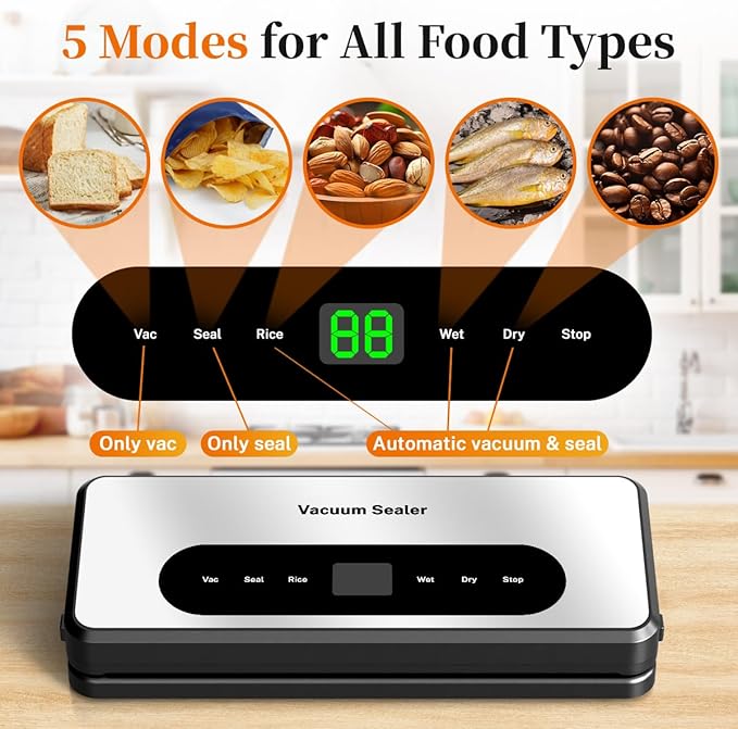 Vacuum Sealer Machine with UV-C Light, Includes Mason Jar Sealer Kit and 2 Bag Rolls, Digital Display & Built-in Cutter, Fully Automatic Dry & Moist Modes, Compact for Food Storage and Sous Vide