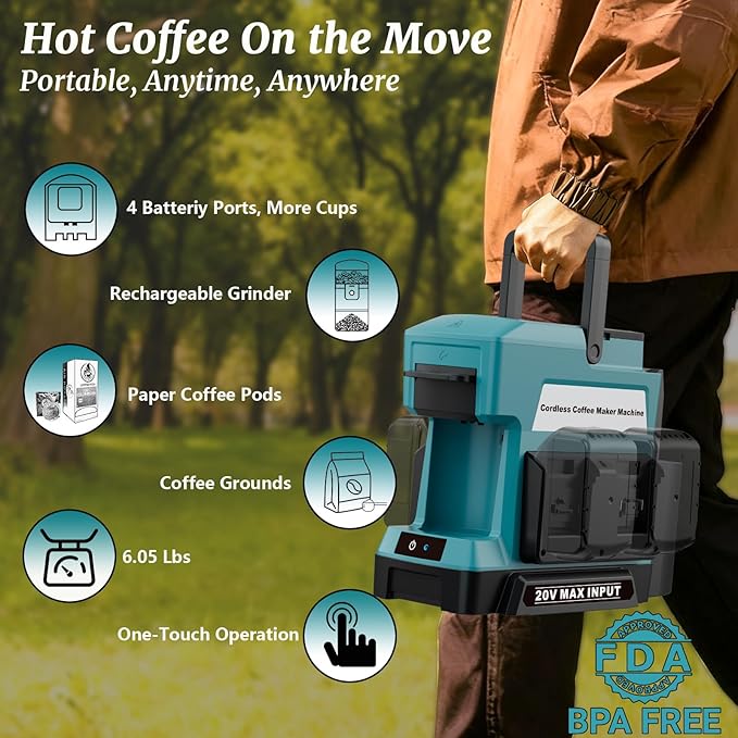 Cordless Coffee Maker for Makita 18V Battery, 3 Brewing Options Drip Coffee Maker with Coffee Grinder, Portable Single Serve Coffee Makers for Camping, Travel, and Jobsite. (Tool Only)