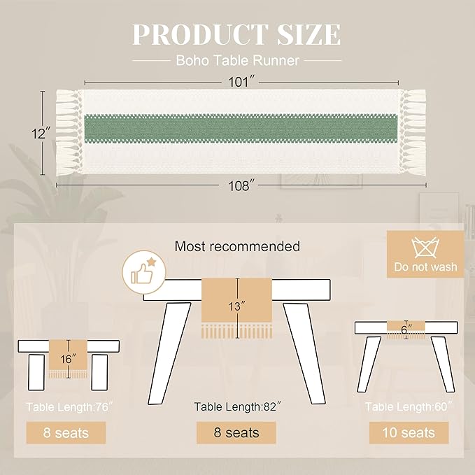 FEXIA Boho Table Runner for Home Decor with Tassels 108 Inches Long,Sage Green Farmhouse Rustic Table Runner Macrame Burlap Table Decoration for Living Room Bridal Shower(12x108 Inches)