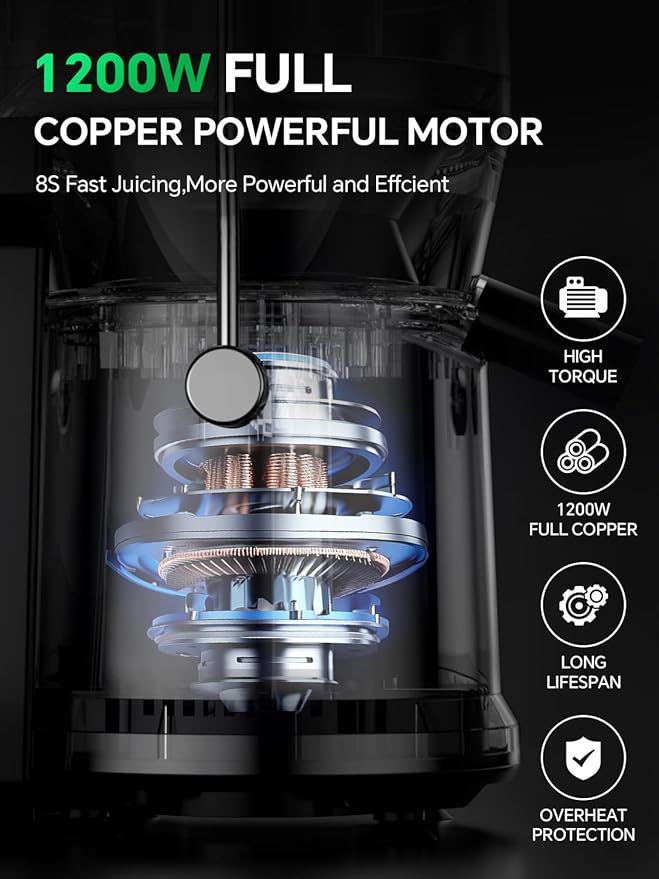 Juicer Machine, 1200W Juicer with 3" Feed Chute for Whole Fruits and Veg, Dual Speeds Centrifugal Juice Extractor, High Juice Yield, Full Copper Motor, Easy to Clean, BPA Free
