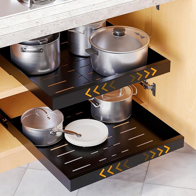 SpaceAid Pull Out Cabinet Organizer, 1 Pack Expandable 11.8"-19.6" (Need to Pull to Widen) Heavy Duty Pull-Out Drawer with Adhesive Tape for Kitchen Storage Cabinets (Black, 17" Deep)