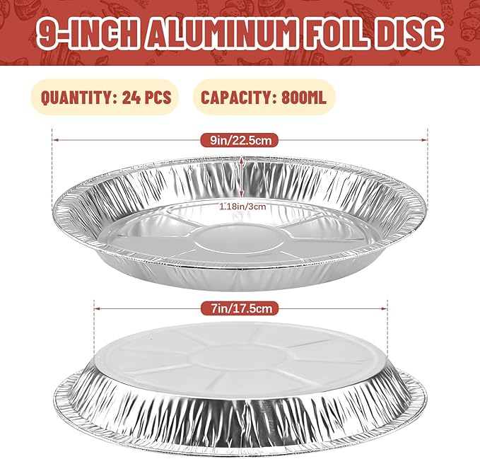 24 Pack 9 Inch Round Disposable Aluminum Foil Pie & Tart Pans - Heavy-Duty Baking Tins for Cooking, Storage, Reheating & Takeout