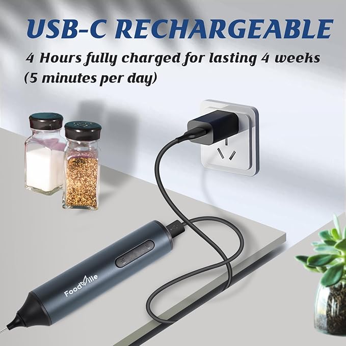 FoodVille MF05 Rechargeable Milk Frother USB Charging Handheld Foam Maker with Stainless Balloon Whisk for Cappuccino, Latte, Bulletproof Coffee, Keto (Grey without Stand)