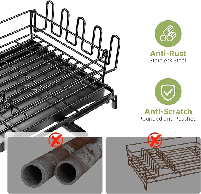 Ekisemio Expandable Dish Drying Rack for Kitchen Counter, Large Capacity Dish Drainer with Utensil Holder & Drip Tray, Space Saving Organizer (12.7"-21.7" x 17"), Black