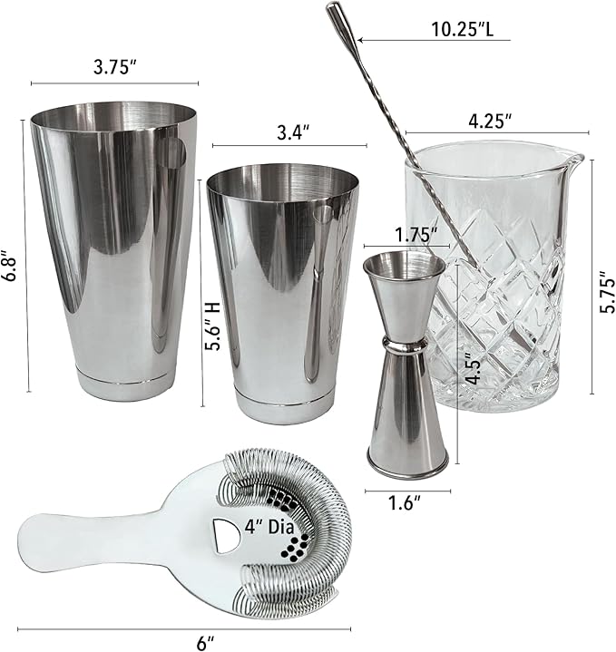 Lily's Home 6-Piece Boston Cocktail Shaker Set: Boston Shaker Cocktail Set,Mixing Glass, Mixing Spoon,Dual Sided Jigger and Stainer,for Home Mixology,Cocktail Lovers & Beginner