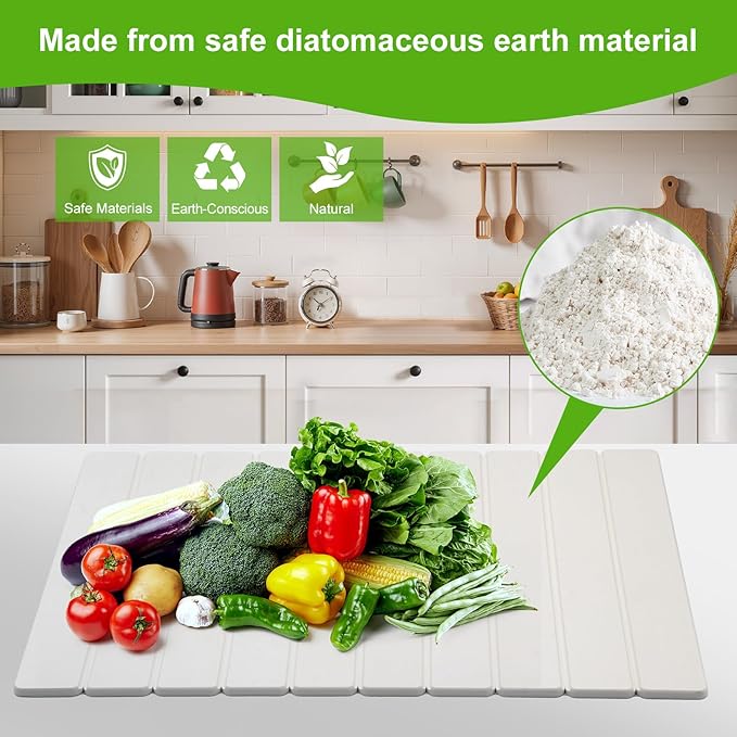 Stone Dish Drying Mat for Kitchen Counter, Diatomaceous Earth Water Absorbing Mat, Foldable and Super Absorbent Dish Drying Stone Mat for Dishes Bottles Cups, Match Any Countertop -White
