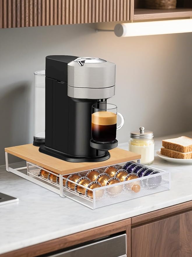 Sedegn Coffee Pod Holder Drawer Organizer Capsules Storage Organizer with Sliding Drawer Compatible For Nespresso Pods, Holds up to 56 Small or 28 Big nespresso pod Oak Color