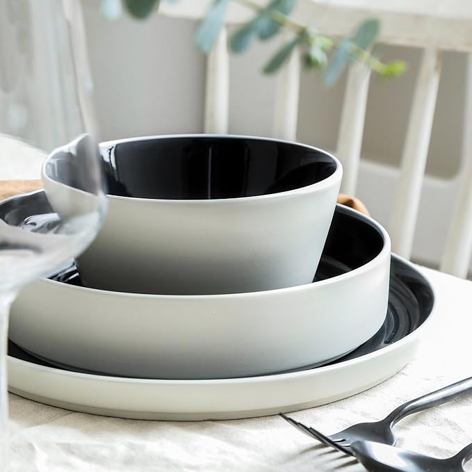 Stone Lain Elica 24-Piece Modern Dinnerware Set Stoneware, Plates and Bowl Sets for 8, Black and Beige