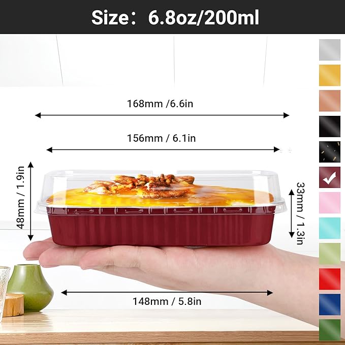EUSOAR Mini Loaf Pans with Lids, 25pcs 6.8oz 6.5"x2.5"x1.2" Disposable Aluminum Foil Ramekins Cupcake Liners Tin with Lids，Cupcake Baking Cups Containers, Cheesecake Creme Brulee Ramekins Pan-Wine Red