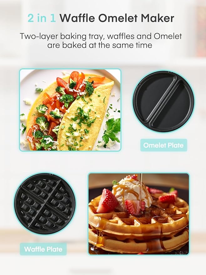 FOHERE 2-in-1 Omelette Maker&Waffle Maker, 1400W Omelet Maker 180° Flip, Adjustable Browning Control, Non-Removable & Nonstick Pans, Make Two Omelet and One Waffle at Once for Home (Mint Green)