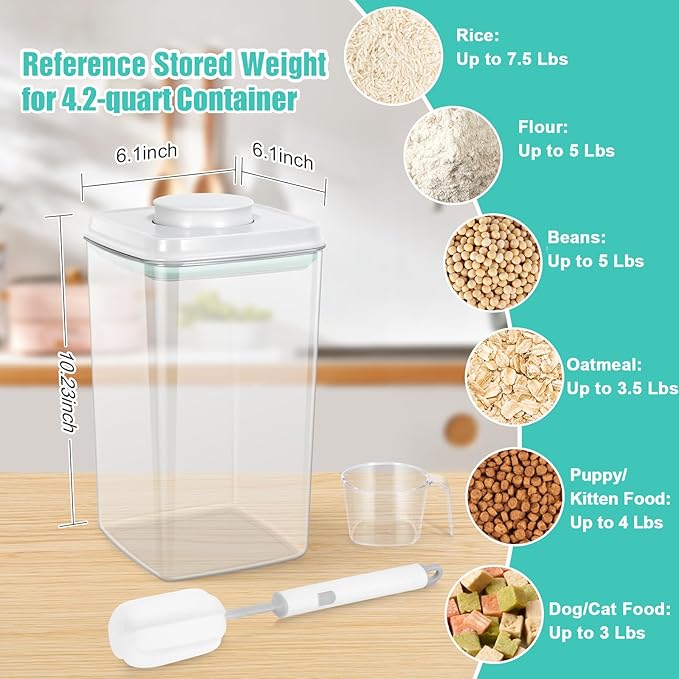 TBMax Flour Container 4.2 Qt Spaghetti Container with Airtight Pop Up Lid & Measuring Scoop, Food Storage Bin for Rice, Flour, Sugar, Cereal, Pet Dog Cat Food Storage, Kitchen Pantry Organization