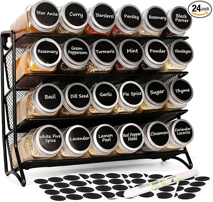 DIDITIME Spice Rack Organizer – 24 Glass Jars, 60 Labels & Marker, Space-Saving Kitchen Countertop, Cabinet & Wall Rack