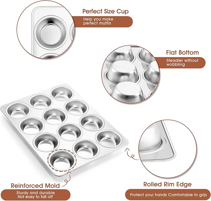 P&P CHEF Muffin Pan Cupcake Baking Pan Set, Stainless Steel Muffin Tin Tray for Mini Cake Tart Quiche, Oven & Dishwasher Safe, Non-toxic & Heavy-duty, (12 Cup, 1Pc)
