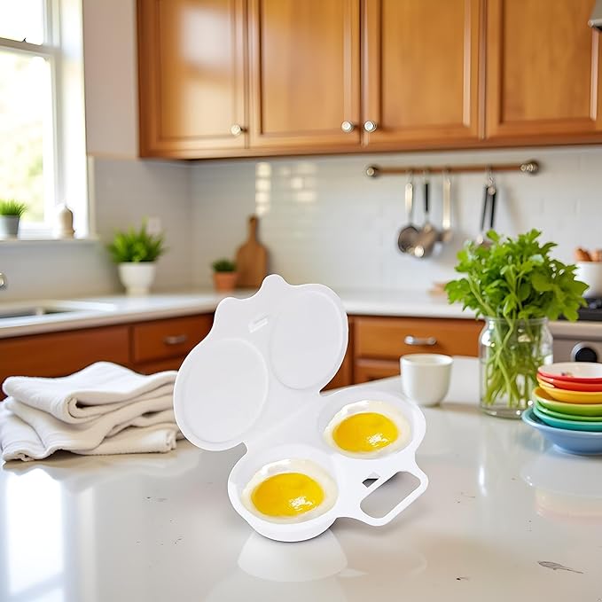 White Egg Poacher, Microwave Egg Boiler Poacher, 2 Cavity Nonstick Poached Egg Maker With Lid,Microwave Egg Cooker, Double Drain Poached Egg Cups Cookware,Specialty Cookware,Kitchen and Dining