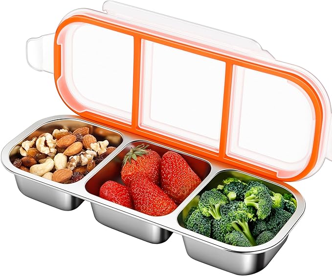 KTKUDY 3 Pack Stainless Steel Snack Container for Kids & Adults - Large - Leak-Proof 3-Compartment Stackable Snack Lunch Box for Daycare, School, Work & Travel