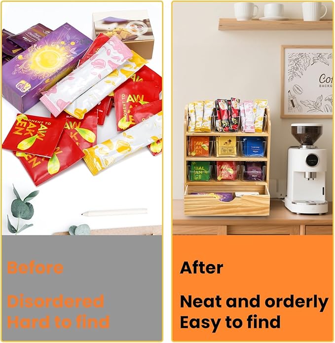 Tlence 4 Tier Wood Tea Bag Organizer, 15"x12.3"x4.5" Vertical Tea Storage Holder, Teabag Station Stand with 9 Plastic Box, Tea Packet Rack with Slide Drawer, Teabag Cabinet Shelf for Sugar and Creamer