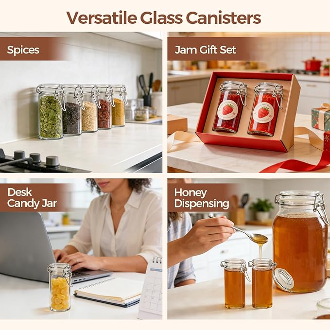 ComSaf 4 oz Glass Spice Jars with Airtight Clamp Lids, 6 Pack Small Swing Top Glass Containers for Herb Storage, Pantry Organization, Party Favors & DIY Gifts - Includes Funnel & Labels