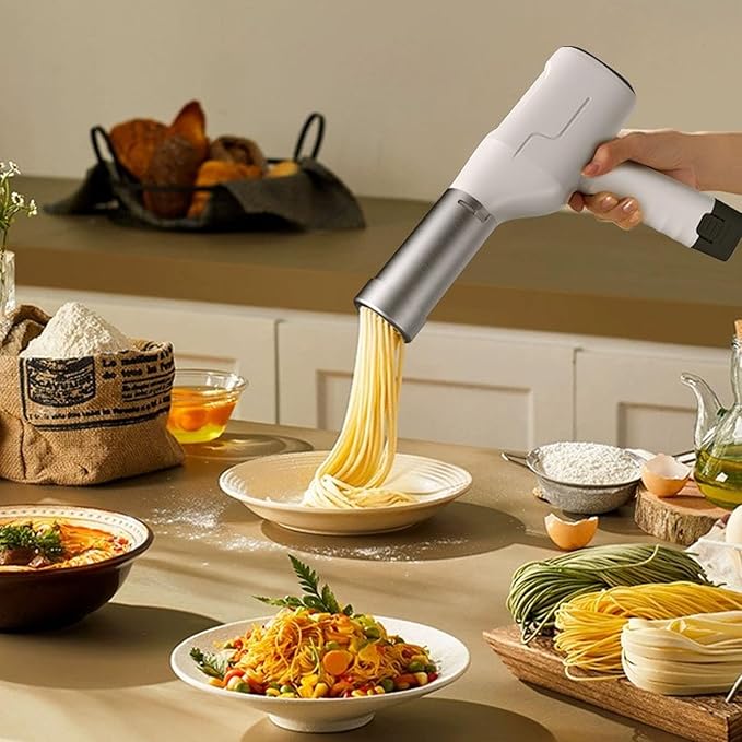 Electric Pasta Maker, Cordless 5-in-1 Noodle Maker Machine, Portable Handheld Pasta Press with Rechargeable Battery, Stainless Steel Pasta Maker for Homemade Spaghetti Ramen (US