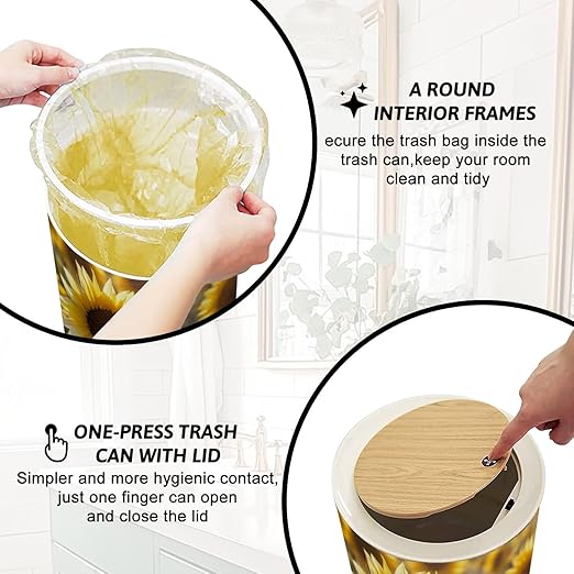 Trash Can with Lid Yellow Sunflower Sunset Light Close up Sunflower Close up Press Top Round Small Garbage Bin with Wooden Legs Waste Basket for Kitchen Bedroom Nursery 7L/1.8 Gallon