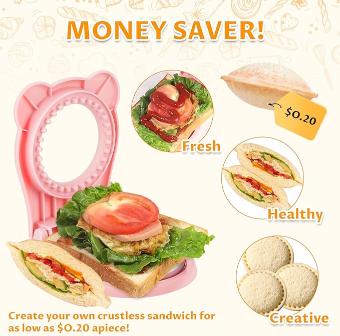CHICHAUS Uncrustable Sandwich Maker,Sandwiches Pocket Circle Shape 3.7Inch Sandwich Cutter and Sealer,Sandwich Cutter for Kids Breakfast and lunchboxes (Pink)