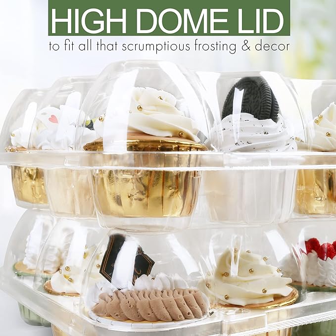 LotFancy (12 Count x 12 Sets) Cupcake Containers with 144 Liners, Thick Plastic Cupcake Boxes Holders, BPA Free, Disposable Cupcake Carrier with Detachable Tall Dome Lid